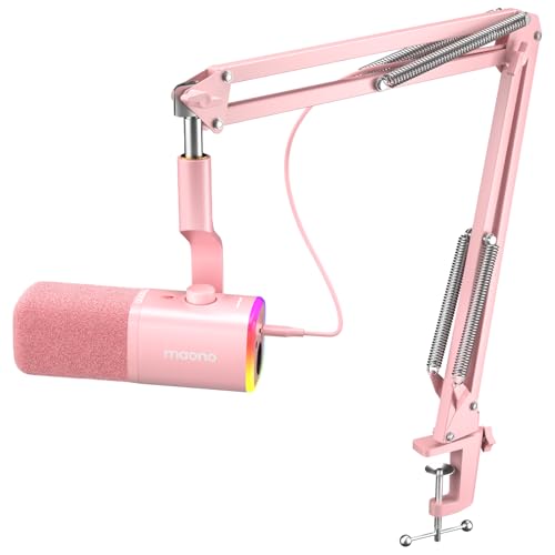 MAONO XLR/USB Gaming Mikrofon Set, Dynamisches PC Mikrofon mit Arm, RGB, Software, Stummschalttaste, Gain-Regler, für PC Gaming, Streaming, Aufnahme, PS4/5 Mac Mixer(PD100XS Rosa) von MAONO