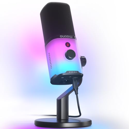 MAONO XLR Gaming Mikrofon mit Software, Dynamisch USB Microphone PC mit RGB für Podcast, Streaming mikrofon mit Geräuschunterdrückung, Stummschalttaste, Verstärkungsregler, Tischständer-PD100X von MAONO