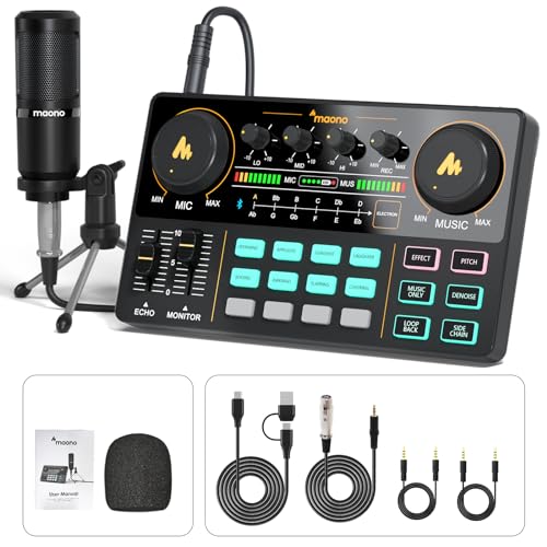 Maono DJ Controller mit Soundkarte und DJ Mischer, AM200S1 All In One DJ Mischpult Audio Interface mit 16MM Großmembranmikrofon für Live Streaming, YouTube, Aufnahme von MAONO