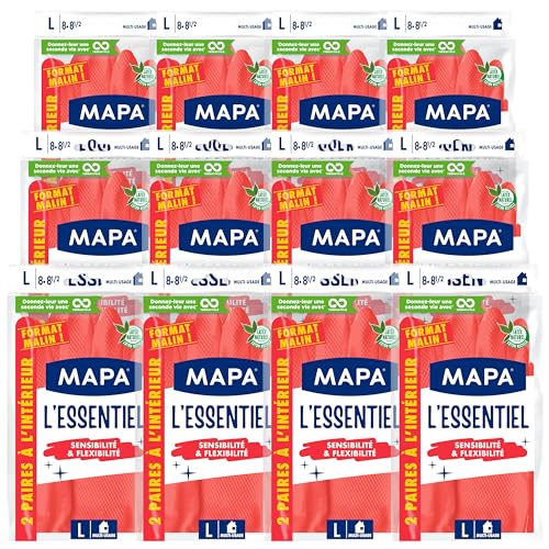 Spontex MAPA L'Essentiel – 24 Haushaltshandschuhe aus Latex innen Baumwollfasern – Empfindlichkeit und Flexibilität – rutschfeste Beschichtung – 12 Packungen à 2 Paar – Größe L von MAPA