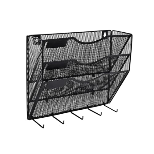Wandmontierte Magazinablage 5 Taschen Mesh Wand Aktenhalter Organizer Büro Hängender Zeitungsständer mit Schlüsselhalter Haken for Büro Schule Zuhause Küche FüR Lagerung(Black,3 Tier) von MAQDDO
