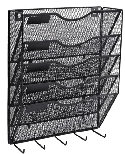 Wandmontierte Magazinablage 5 Taschen Mesh Wand Aktenhalter Organizer Büro Hängender Zeitungsständer mit Schlüsselhalter Haken for Büro Schule Zuhause Küche FüR Lagerung(Black,5 Tier) von MAQDDO
