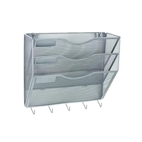 Wandmontierte Magazinablage 5 Taschen Mesh Wand Aktenhalter Organizer Büro Hängender Zeitungsständer mit Schlüsselhalter Haken for Büro Schule Zuhause Küche FüR Lagerung(Silver,3 Tier) von MAQDDO