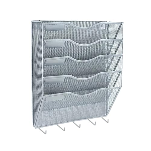 Wandmontierte Magazinablage 5 Taschen Mesh Wand Aktenhalter Organizer Büro Hängender Zeitungsständer mit Schlüsselhalter Haken for Büro Schule Zuhause Küche FüR Lagerung(Silver,5 Tier) von MAQDDO