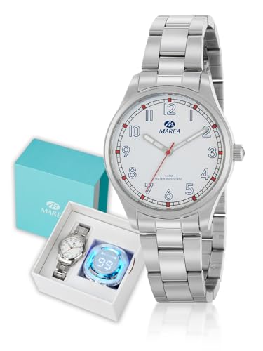 MAREA Kinderuhr zur Kommunion B36204/1 – Gehäuse und Armband aus Stahl, weißes Zifferblatt mit blauen Zahlen, Set mit Bluetooth-Kopfhörern, silber von MAREA