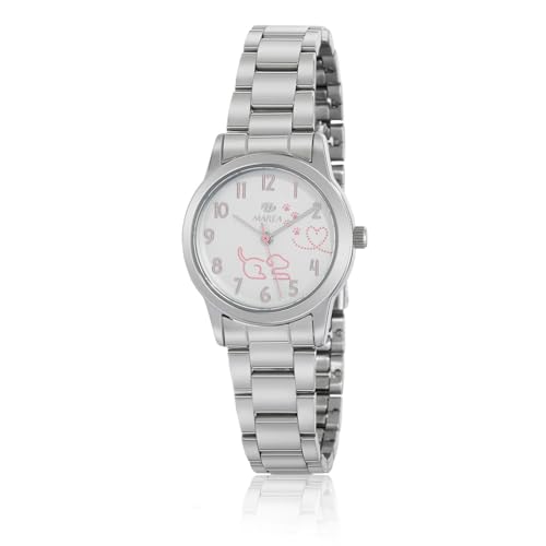 MAREA Mädchenuhr zur Kommunion B41401/1 – Metallgehäuse, Armband aus Stahl, Zifferblatt mit Hundemotiv, Set mit Bluetooth-Kopfhörern, silber von MAREA