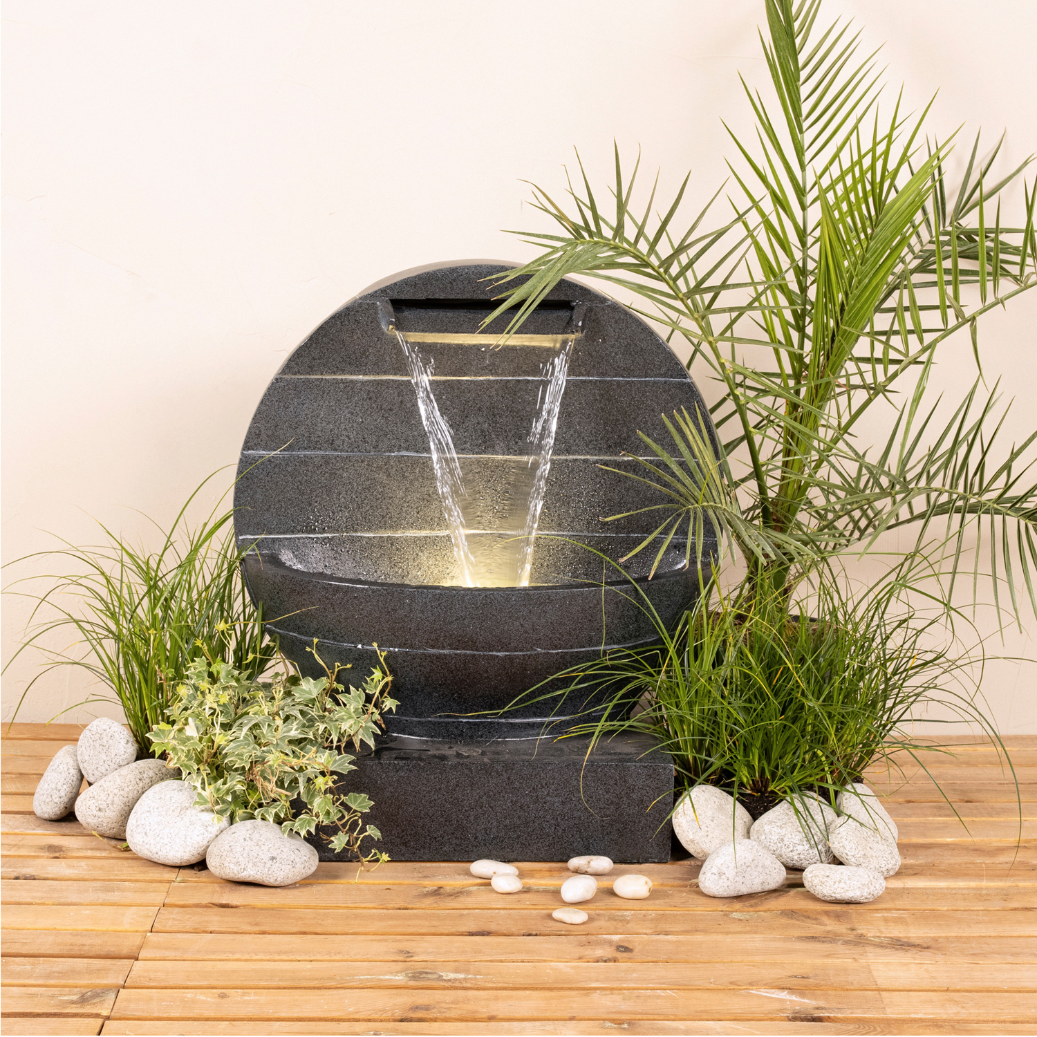 Brunnen - Gartenbrunnen mit Wasserfall - Polyresin - 6 warmweiße LED - H: 59cm - anthrazit Brunnen - Gartenbrunnen mit Wasserfall - Polyresin - 6 warmweiße LED - H: 59cm - anthrazit von MARELIDA