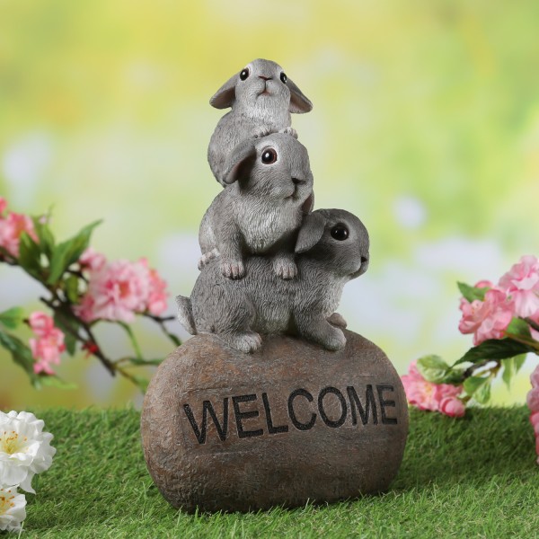Gartenfigur Welcome - 3 Häschen auf Stein - Dekofigur - H: 26cm - P... von MARELIDA