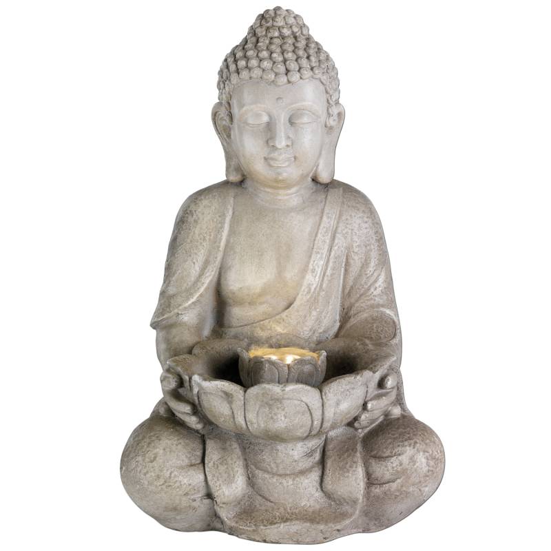 LED Brunnen Buddha - Gartenbrunnen - GRC Beton - 6 warmweiße LED - H: 45cm - Außen - grau von MARELIDA