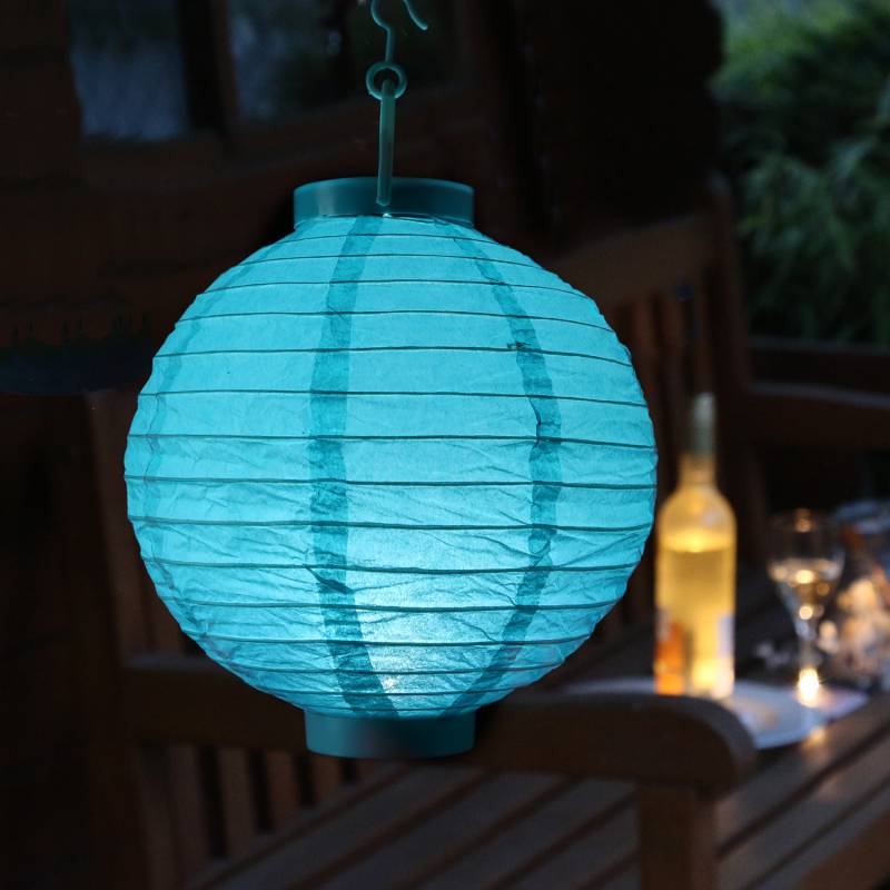 LED Lampion - kaltweiße LED - D: 20cm - Montagehaken - Batteriebetrieb - türkis von MARELIDA