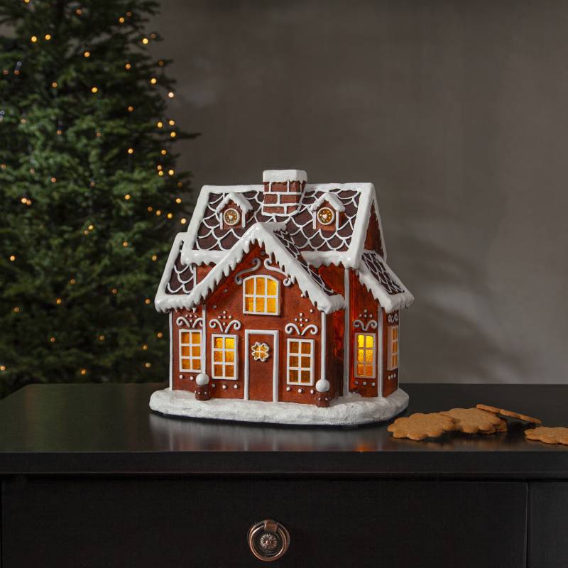 LED Lebkuchenhaus - 4 warmweiße LED - H: 24,5cm - Timer - Batterie oder Trafo - braun von MARELIDA