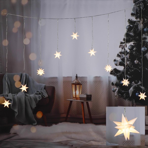 LED Lichtervorhang 3D Sterne - 9 weiße Sterne - warmweiße LED - L: ... von MARELIDA