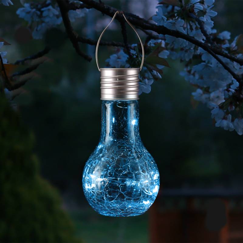 LED Solar Glühbirne CRACKLE GLOW - warmweiße LED Drahtlichterkette - H: 17cm - Lichtsensor - blau von MARELIDA