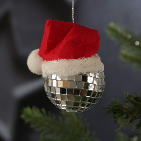 Weihnachtsbaumschmuck DISCOKUGEL mit Nikolausmütze - H: 7cm - silber von MARELIDA