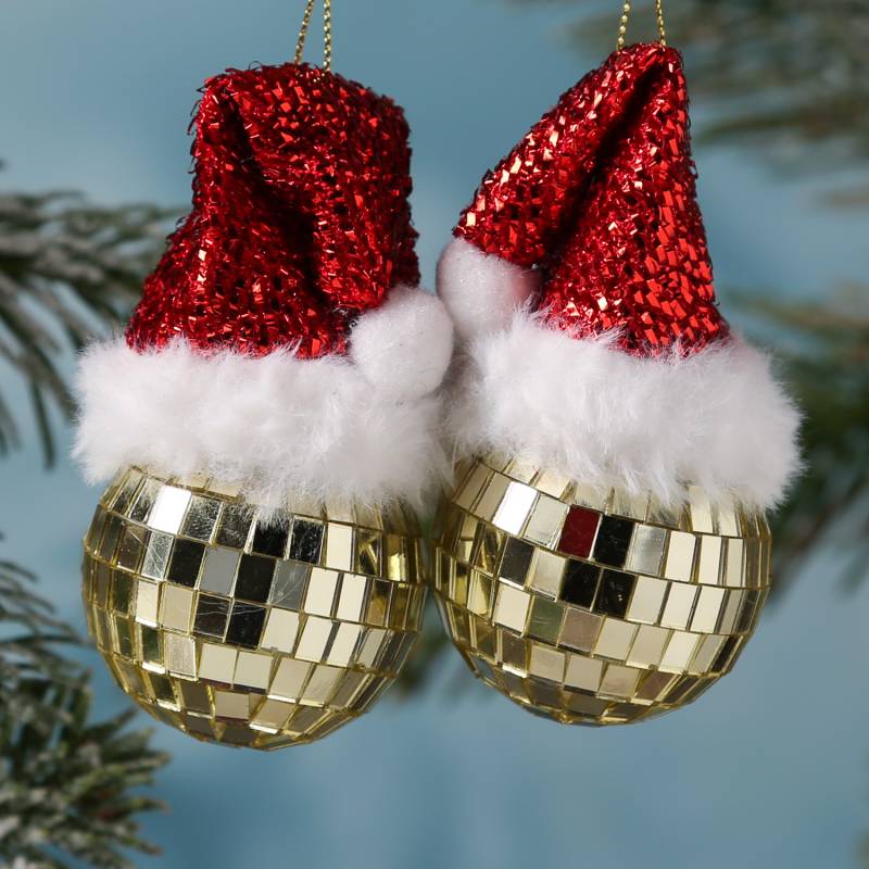 Weihnachtsbaumschmuck DISCOKUGEL mit Nikolausmütze - Kunststoff - inkl. Aufhänger - gold - 2er Set von MARELIDA
