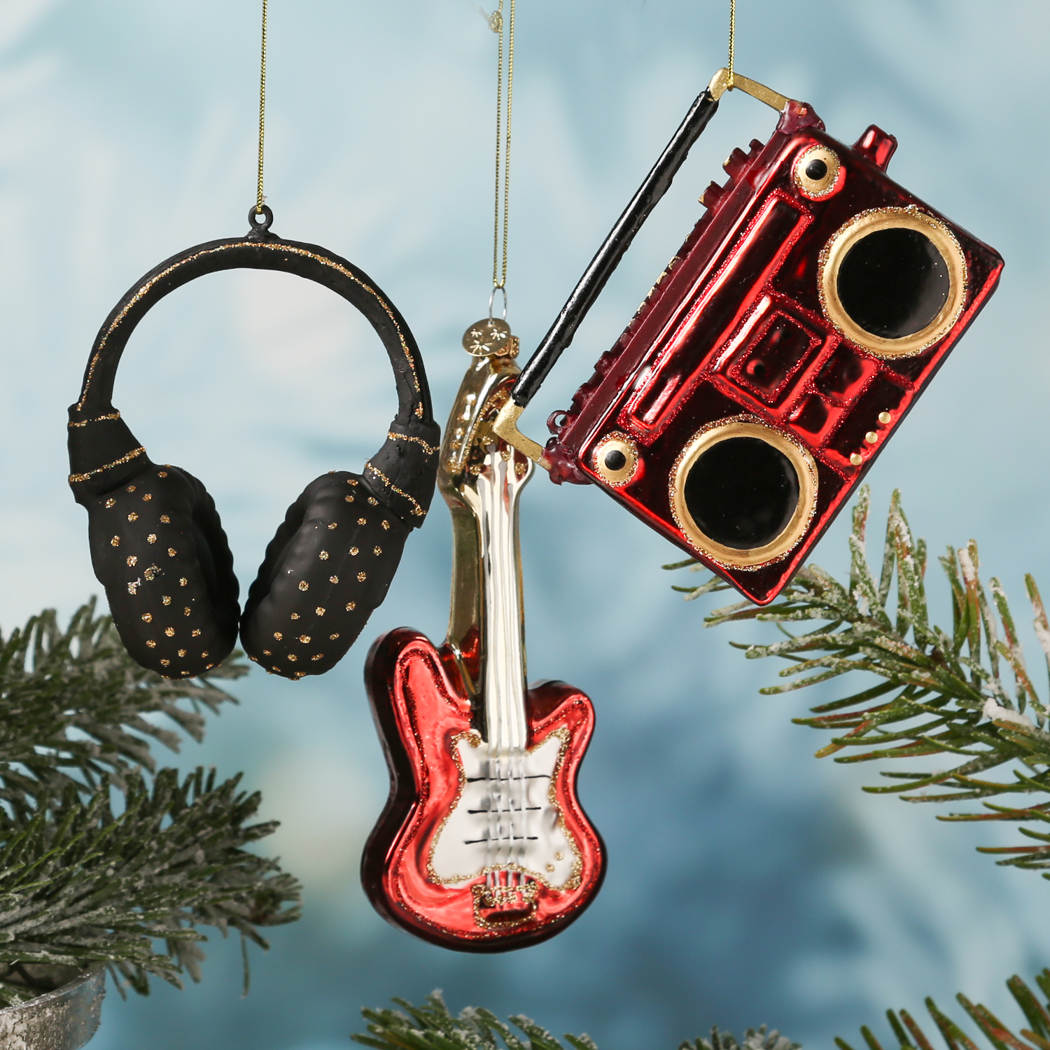 Weihnachtsbaumschmuck MUSIKSET - Glas- Christbaumschmuck - Kopfhörer/Gitarre/Ghettoblaster - 3er Set von MARELIDA