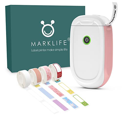 MARKLIFE P11 Etikettendrucker Handgerät,Tragbarer Thermo-Aufkleberdrucker mit Band,Mini Selbstklebend Etikettiergerät für Zuhause Büro Lagerung (Pink, P11+4 Rollen Etiketten) von MARKLIFE