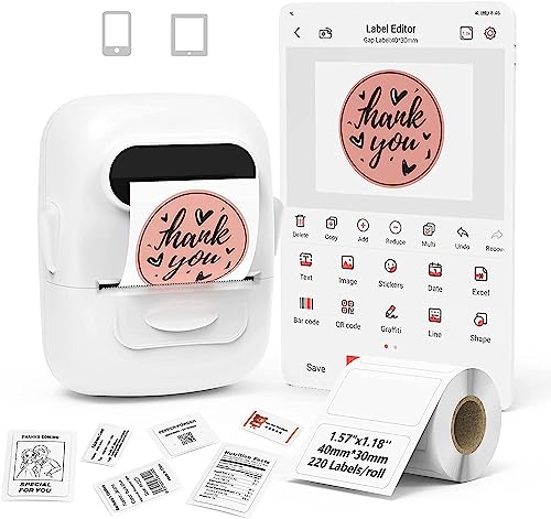 MARKLIFE Etikettendrucker Barcode Label Mini Selbstklebende Etikettiermaschine Etikettendrucker Bluetooth Thermal P50 Kompatibel mit Smartphone und PC (Weiss, 1 Rolle Papier) von MARKLIFE
