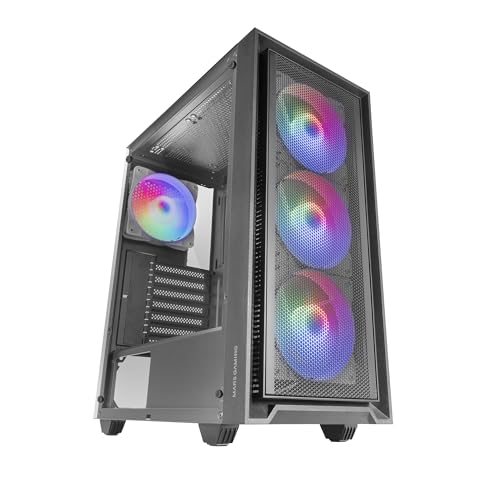 MARSGAMING MC-AIR, Gaming ATX-Gehäuse, 4X FRGB Rainbow 120mm Lüfter, Mesh-Frontpanel, Komplettes Seitliches Hartglasfenster, Doppelkammersystem, Unterstützung für Wasserkühlung, Schwarz von Mars Gaming