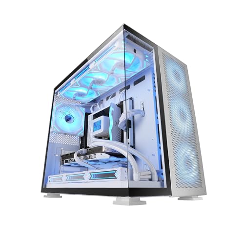 Mars Gaming MC-NOVA2, Gaming-Gehäuse Custom XXL E-ATX, Durchgehendes Doppelt Getempertes Glas Ohne Rahmen, Volle Unterstützung Flüssigkeitskühlung, Luftfahrt-Aluminium 2mm, Doppelkammer, USB-C, Weiß von Mars Gaming