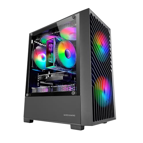Mars Gaming MC-Vortex, MicroATX Gaming-Gehäuse, Geometrisches Mesh-Frontpanel, Seitenscheibe aus gehärtetem Glas, 3X 120mm FRGB Rainbow Lüfter, Kompaktes PC-Gehäuse mit Doppelkammere-Design, Schwarz von Mars Gaming
