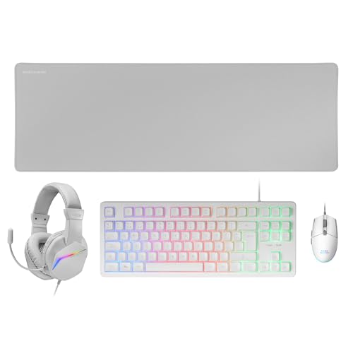 MARSGAMING MCP-RGB3, Pack Gaming-Tastatur Fixed RGB + Gaming-Maus RGB Flow 3200 DPI + Headset Over-Ear RGB + XXL-Mauspad, Weiß, Portugiesisch Sprache von MARSGAMING