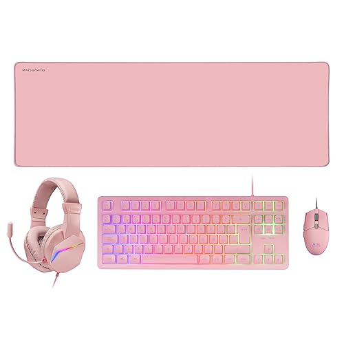 MARSGAMING MCP-RGB3, Pack Gaming-Tastatur Fixed RGB + Gaming-Maus RGB Flow 3200 DPI + Headset Over-Ear RGB + XXL Mousepad, Pink, Französische Sprache von MARSGAMING