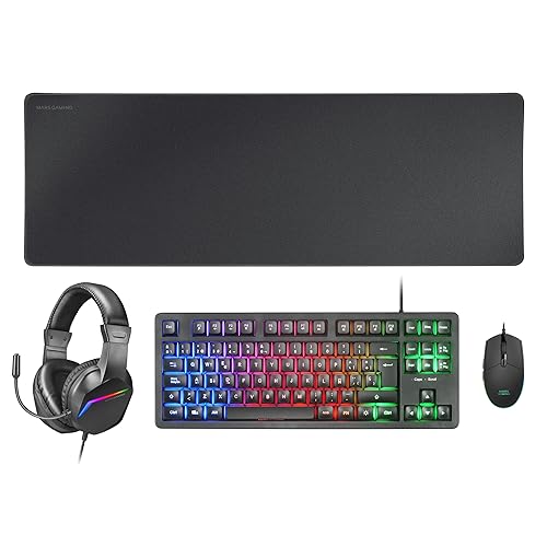 MARSGAMING MCP-RGB3, Pack Gaming Tastatur Fixed RGB + Gaming Maus RGB Flow 3200 DPI + Headset Over-Ear RGB + XXL Mousepad, Schwarz, Portugiesisch Sprache von MARSGAMING