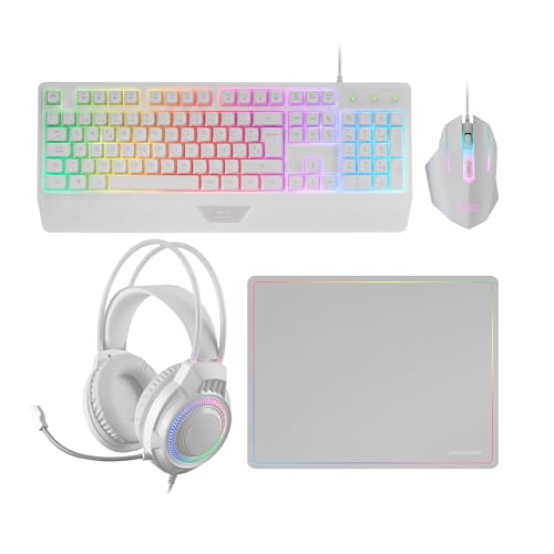 Mars Gaming MCP124PRO, Gaming-Combo 4in1, RGB H-Mech-Tastatur mit Handballenauflage, RGB-Maus 3200DPI HUANO-Schalter, FRGB-Headset, Nanotextil-Mauspad 36x26cm, Multiplattform, Portugiesisch, Weiß von Mars Gaming