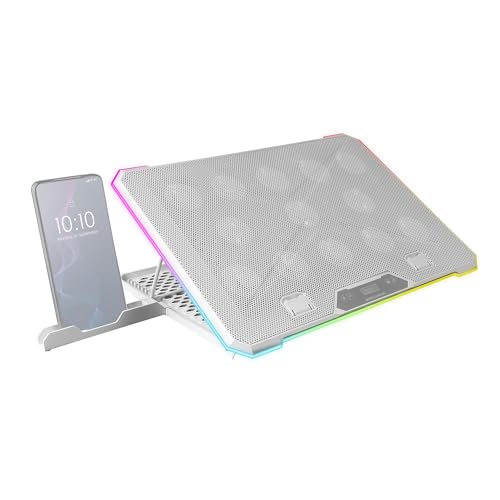 Mars Gaming MNBC13, Laptop-Ständer und Kühlfuß für Notebooks bis zu 17", ARGB-Beleuchtung 10 Modi, 13x Lüfter mit Weißer LED, 8 Positionen Einstellbar, LCD-Display, Smartphone-Ständer, Weiß von Mars Gaming