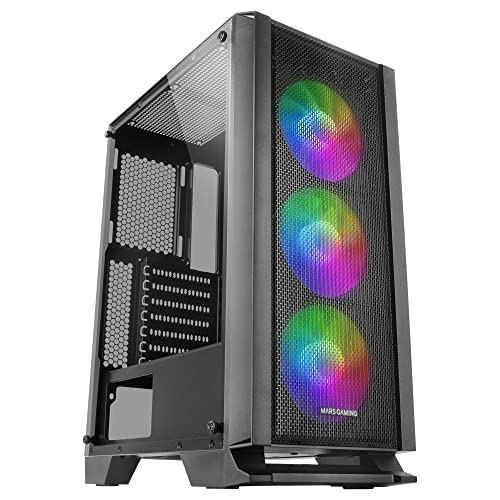 Mars Gaming MC-C Schwarz, ATX PC Gehäuse, Metall-Mesh Frontplatte, Gehärtetes Glas, 3 Frontlüfter FRGB 120mm von MARSGAMING