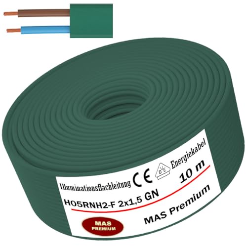 MAS Premium 5-100m Illuminationsflachleitung H05RNH2-F 2x1,5 GN ölbeständiger und flammwidriger Außenmantel in trockenen, feuchten und nassen Räumen für vorübergehend installierte Lichterketten (10m) von MAS Premium