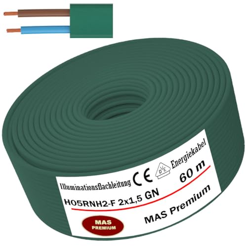 MAS Premium 5-100m Illuminationsflachleitung H05RNH2-F 2x1,5 GN ölbeständiger und flammwidriger Außenmantel in trockenen, feuchten und nassen Räumen für vorübergehend installierte Lichterketten (60m) MAS Premium 5-100m Illuminationsflachleitung H05RNH2-F 2x1,5 GN ölbeständiger und flammwidriger Außenmantel in trockenen, feuchten und nassen Räumen für vorübergehend installierte Lichterketten (60m) von MAS Premium