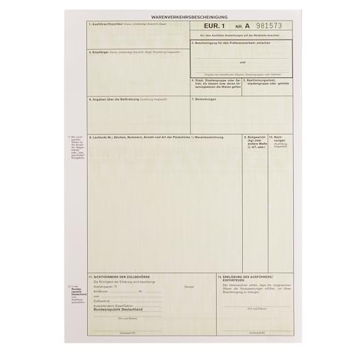 EUR1 EUR.1 Warenverkehrsbescheinigung Formular für Laserdrucker (10 Stück) von MASHPAPER