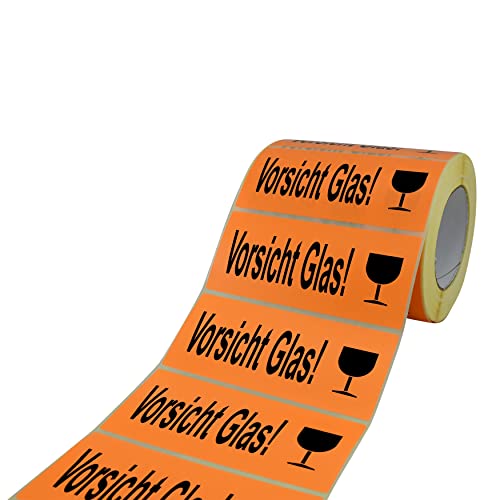 Etiketten Aufkleber Vorsicht Glas! leuchtorange neon orange 1000 Stück 140x60mm auf Rolle 497105 - Menge wählbar (5) von MASHPAPER