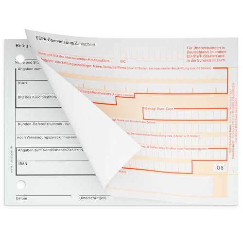 SEPA Überweisungsformular Zahlschein 100 Stück 2-fach selbstdurchschreibend 326211 von MASHPAPER
