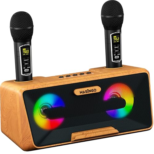 MASINGO Karaoke Machine for Adults and Kids with 2 Wireless Microphones, Portable Bluetooth Singing Speaker, Colorful LED Lights, PA System, Lyrics Display Phone Holder, and TV Cable. Presto G2 Wood MASINGO Karaoke Machine for Adults and Kids with 2 Wireless Microphones, Portable Bluetooth Singing Speaker, Colorful LED Lights, PA System, Lyrics Display Phone Holder, and TV Cable. Presto G2 Wood von MASINGO