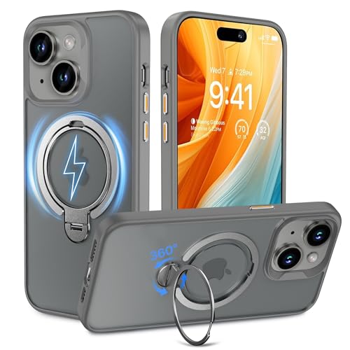 MASOPSK Magnetische Hülle für iPhone 15 6,1 Zoll, Kompatibel mit Magsafe, mit 360° Drehbarem Ständer, Doppelringen, Stoß- und Sturzsicher, Kratzfeste Vergilbungsfreie Mattierte Rückseite (Grau) von MASOPSK