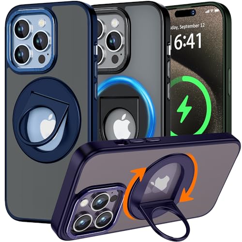 MASOPSK 360° Drehbarer Ring für iPhone 15Pro Hülle [Kompatibel Mit MagSafe] [Schutz in Militärqualität], Stoßfester Schlanker Unsichtbarer Ständer für Damen Herren Handyhülle 6,1 Zoll, Blau von MASOPSK