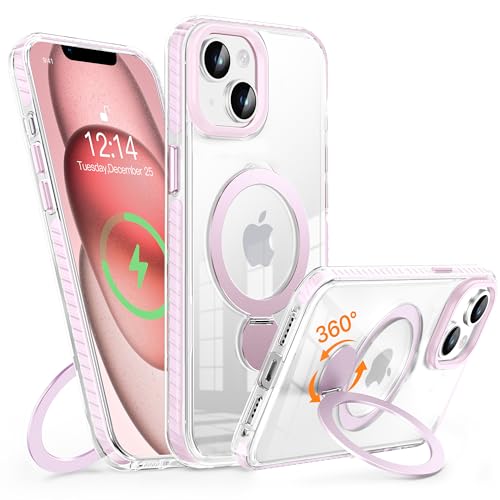 MASOPSK Magnetische Hülle für iPhone 13/14 mit Ständer, Kompatibel mit MagSafe, Schlankes Kristallklares, Stoßfestes Schutzsystem in Militärqualität, Objektivschutz, 6,1 Zoll (Rosa) von MASOPSK