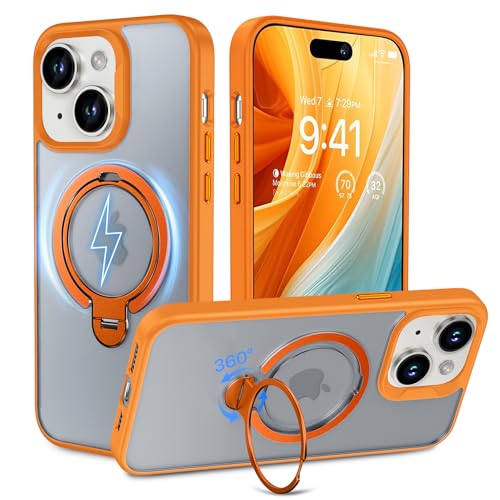 MASOPSK Magnetische Hülle für iPhone 15 6,1 Zoll, Kompatibel mit Kabelloses Laden,mit 360° Drehbarem Ständer, Doppelringen, Sturzsicher, Kratzfeste Vergilbungsfreie Mattierte Rückseite (Orange) von MASOPSK