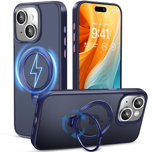 MASOPSK Magnetische Hülle für iPhone 15 6,1 Zoll, Kompatibel mit Magsafe, mit 360° Drehbarem Ständer, Doppelringen, Stoß- und Sturzsicher, Kratzfeste Vergilbungsfreie Mattierte Rückseite (Blau) von MASOPSK
