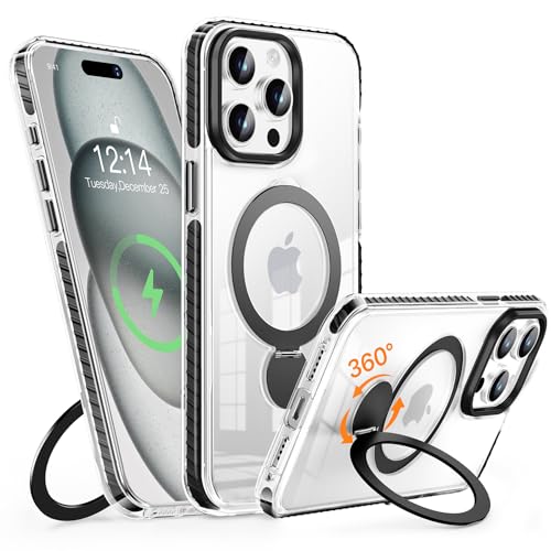 MASOPSK Magnetische Hülle für iPhone 15 Pro Max mit Ständer, Kompatibel mit MagSafe, Schlankes Kristallklares, Stoßfestes Schutzsystem in Militärqualität, Objektivschutz, 6,7 Zoll (Schwarz) von MASOPSK
