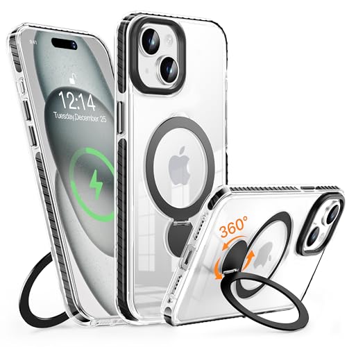 MASOPSK Magnetische Hülle für iPhone 15 mit Ständer, Kompatibel mit MagSafe, Schlankes Kristallklares, Stoßfestes Schutzsystem in Militärqualität, Objektivschutz, 6,1 Zoll (Schwarz) von MASOPSK