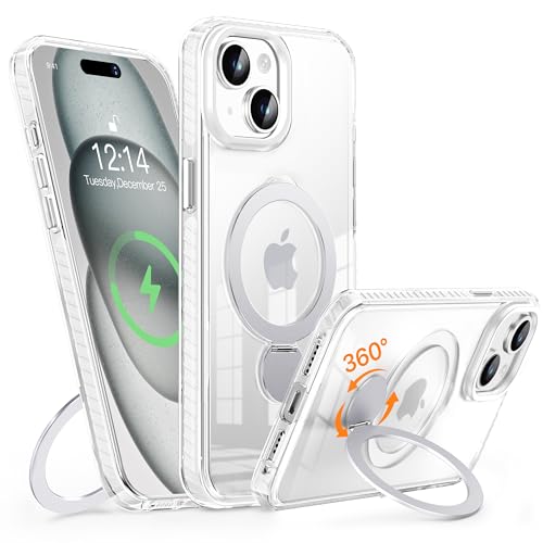 MASOPSK Magnetische Hülle für iPhone 15 mit Ständer, Kompatibel mit MagSafe, Schlankes Kristallklares, Stoßfestes Schutzsystem in Militärqualität, Objektivschutz, 6,1 Zoll (weiß) von MASOPSK