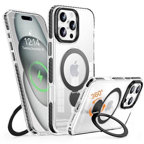 MASOPSK Magnetische Hülle für iPhone 16 Pro Max mit Ständer, Kompatibel mit MagSafe, Schlankes Kristallklares, Stoßfestes Schutzsystem in Militärqualität, Objektivschutz, 6,9 Zoll (Schwarz) von MASOPSK