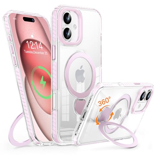 MASOPSK Magnetische Hülle für iPhone 16 mit Ständer, Kompatibel mit MagSafe, Schlankes Kristallklares, Stoßfestes Schutzsystem in Militärqualität, Objektivschutz, 6,1 Zoll (Rosa) von MASOPSK