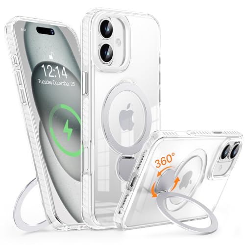 MASOPSK Magnetische Hülle für iPhone 16 mit Ständer, Kompatibel mit MagSafe, Schlankes Kristallklares, Stoßfestes Schutzsystem in Militärqualität, Objektivschutz, 6,1 Zoll (weiß) von MASOPSK