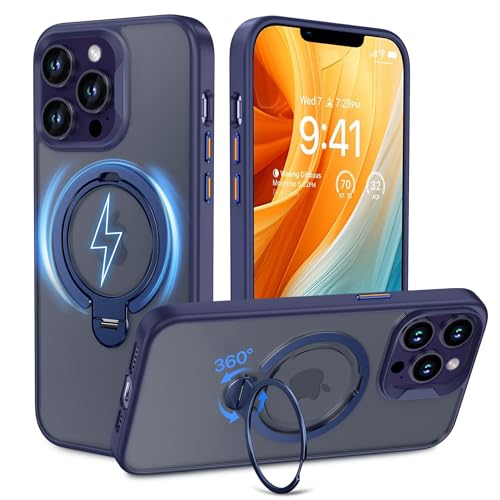 Magnetische Hülle für iPhone 13 Pro Max 6,7 Zoll, Kompatibel mit Magsafe, mit 360° Drehbarem Ständer, Doppelringen, Stoß- und Sturzsicher, Kratzfeste Vergilbungsfreie Mattierte Rückseite (Blau) von MASOPSK