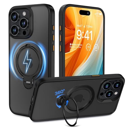 Magnetische Hülle für iPhone 15 Pro Max 6,7 Zoll, Kompatibel mit Magsafe, mit 360° Drehbarem Ständer, Doppelringen, Stoß- und Sturzsicher, Kratzfeste Vergilbungsfreie Mattierte Rückseite (Schwarz) von MASOPSK